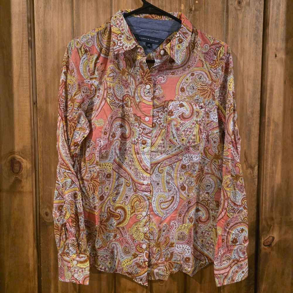 Tommy Hilfiger Button Down Womens Small Coral‎ Paisley Excellent Long Sleeve Top